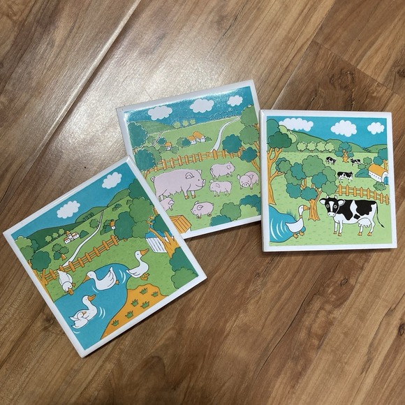 3 Farm Tile Trivets Cows Ducks Pigs Cottagecore Country Decor Ceramic‎ Coasters - Picture 1 of 8